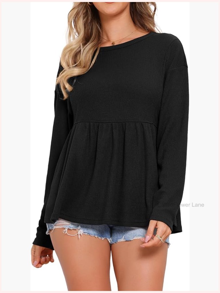 Long Sleeve Babydoll Peplum Blouse Waffle Knit Casual Spring Fall